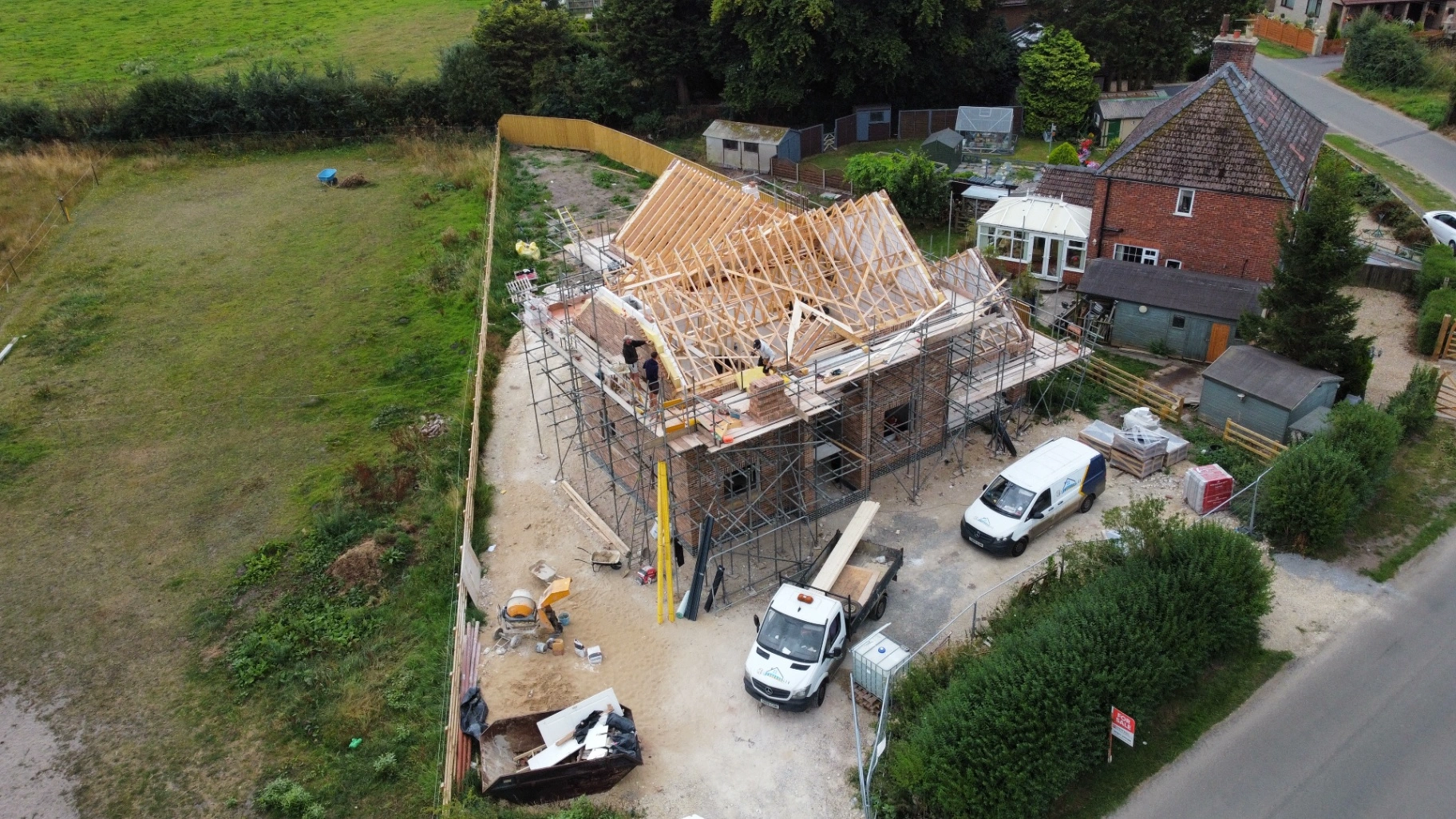 Trussed roof installation with membrane and battens ready for final slating.
