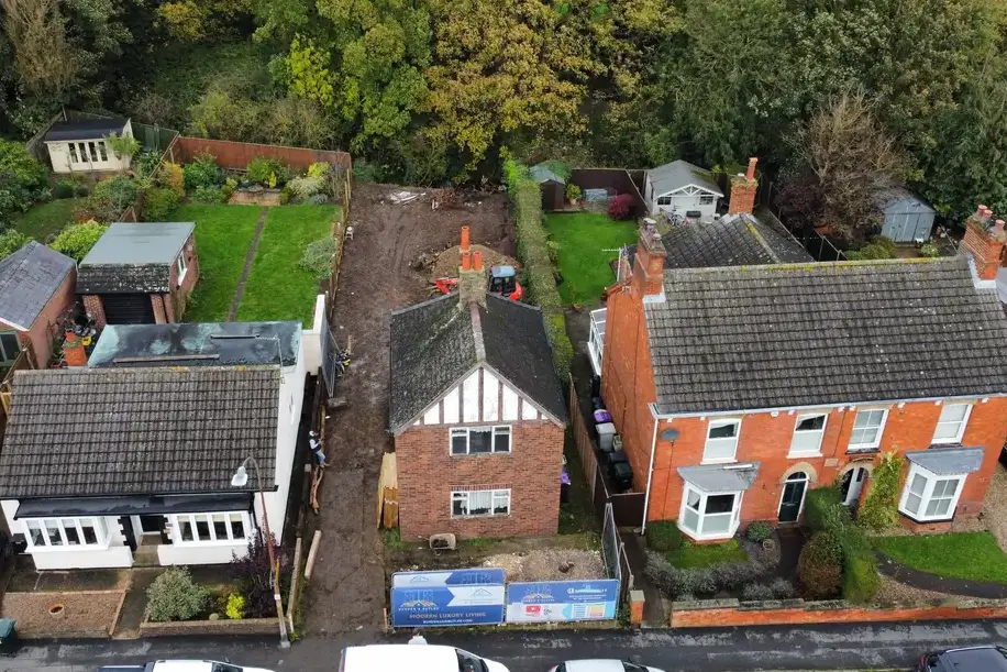 Overhead drone photograph capturing extension progress at Eastfield Road