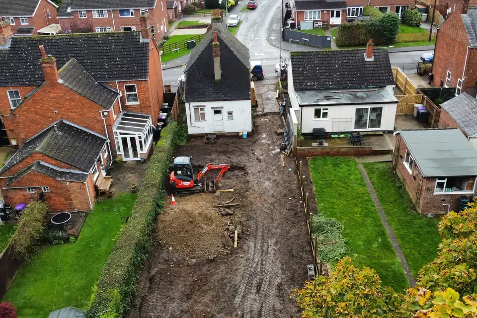Drone view of Eastfield Road property at the start of the extension build
