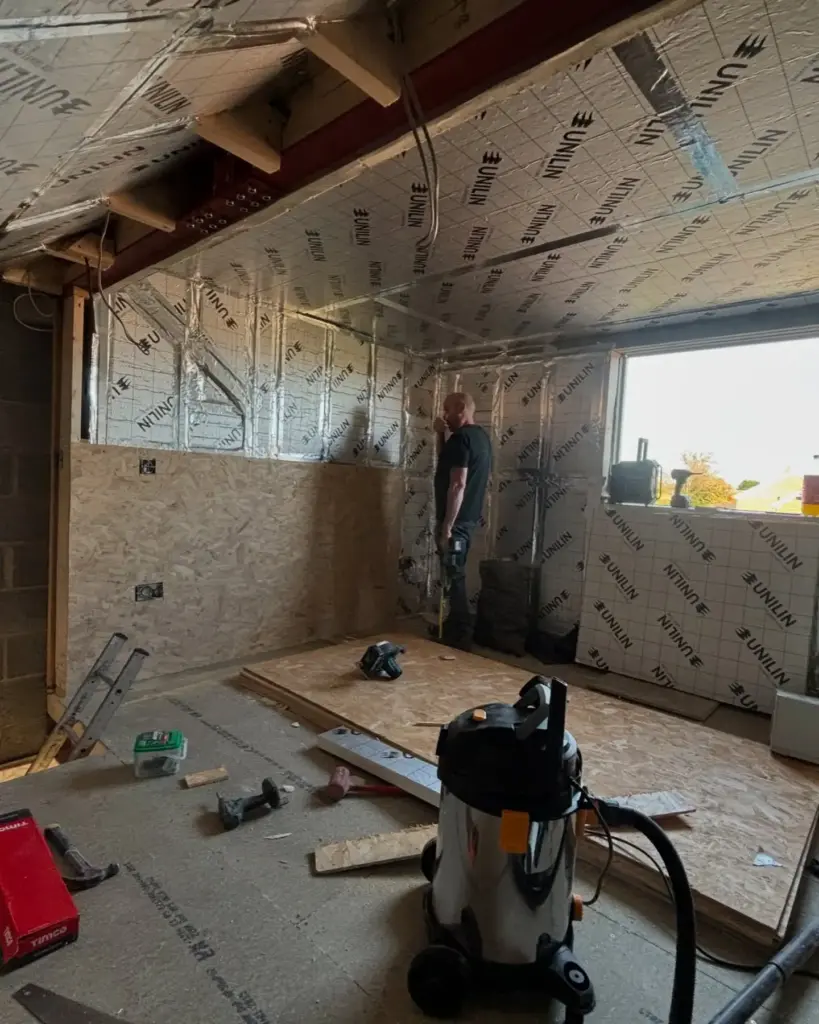 High performance insulation boards fitted along the sloping roof in Louth loft conversion